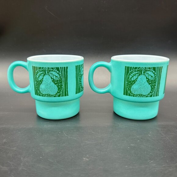 Vintage Milk Glass Mugs Hazel Atlas Teal Green Stacking Fruit Cherry Pear Apple - Picture 4 of 11